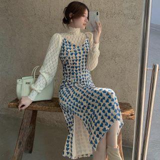 Stand Collar Lace Top / Spaghetti Strap Floral Velvet Slit A-line Dress