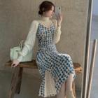 Stand Collar Lace Top / Spaghetti Strap Floral Velvet Slit A-line Dress
