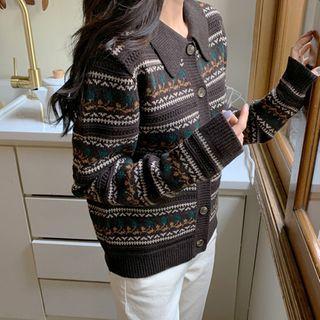 Collared Patterned Wool Blend Cardigan
