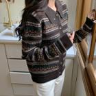 Collared Patterned Wool Blend Cardigan