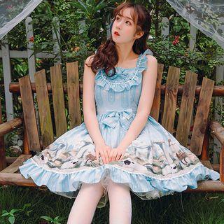 Sleeveless Frill Trim Ribbon Printed Dress