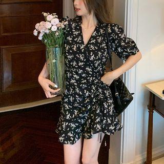 Short-sleeve V-neck Drawstring Floral Dress