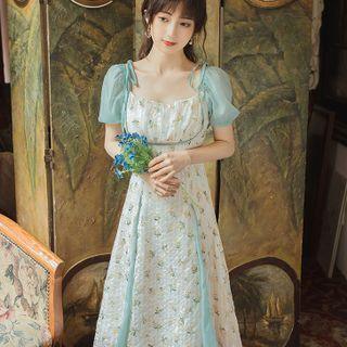 Short-sleeve Off-shoulder Floral Midi Dress