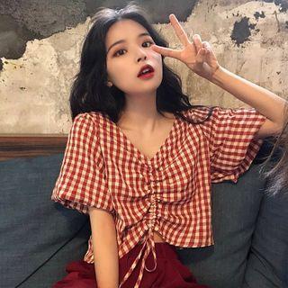 Short-sleeve Checked Drawstring Crop Top