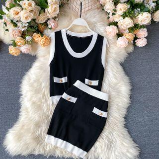 Set: Contrast Trim Knit Tank Top + Mini Fitted Skirt