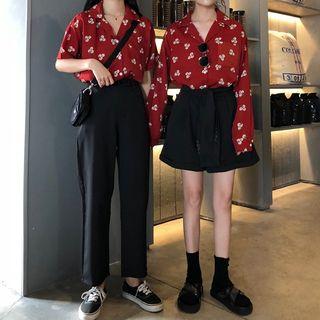 Printed Shirt / High Waist Wide-leg Shorts / High Waist Straight-cut Pants
