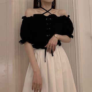 Cold-shoulder Lace Up Cropped Blouse