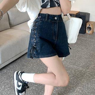 High-waist Wide-leg Lace-up Denim Shorts