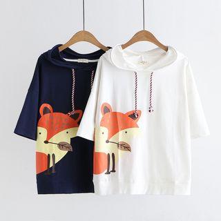 3/4-sleeve Fox Printed Hoodie