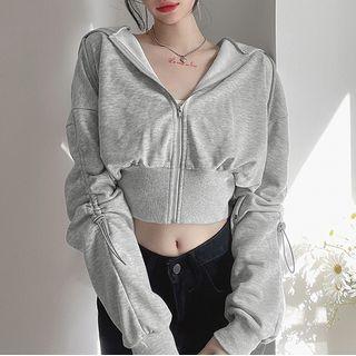 Drawstring Crop Zip Hoodie