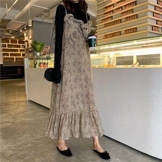 Mock Neck Plain Top / Floral Printed Sleeveless Dress