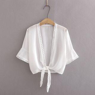 Crochet Lace Trim Elbow-sleeve Tie-front Jacket