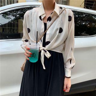 Long-sleeve Dotted Shirt / Spaghetti Strap Midi Dress