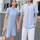 Couple Matching Contrast Trim Short-sleeve Polo Shirt Dress / Short-sleeve Polo Shirt / Plain Shorts / Mesh Midi A-line Skirt