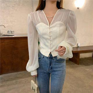 Long-sleeve V-neck Plain Top Off-white - One Size