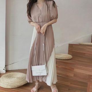 Short-sleeve Pleated Maxi A-line Dress As Shown In Figure - One Size