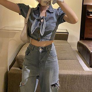 Denim Ribbon Cropped Blouse Blue - One Size
