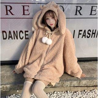 Rabbit Ear Furry Hooded Jacket Khaki Camel - One Size