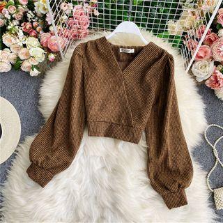 V-neck Puff Sleeve Woolen Blouse