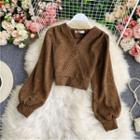 V-neck Puff Sleeve Woolen Blouse