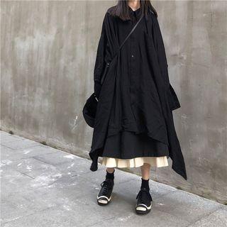 Long-sleeve A-line Midi Shirt Dress Black - One Size