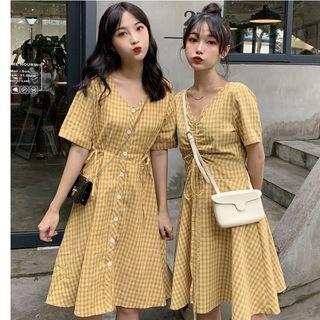 Check Short-sleeve A-line Dress / Midi Dress