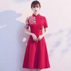 Short-sleeve Embroidered Midi A-line Qipao Wedding Dress