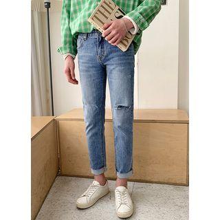 Band-waist Slashed Straight-cut Jeans