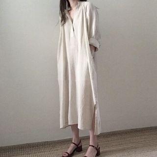 Long-sleeve V-neck Midi Shirtdress