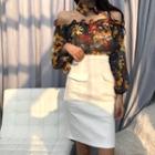 Long-sleeve Floral Print Blouse / Mini Fitted Skirt