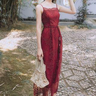 Spaghetti Strap Embroidered Mesh Overlay Midi Dress