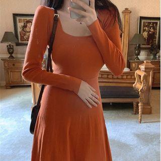Square-neck Plain Bodycon Long-sleeve Dress