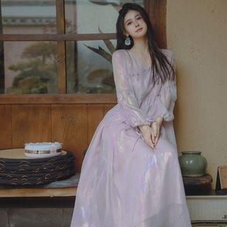 Puff-sleeve Iridescent Midi A-line Dress