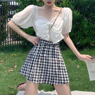 Short-sleeve Bow-front Blouse / Pleated Check Mini A-line Skirt