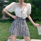 Short-sleeve Bow-front Blouse / Pleated Check Mini A-line Skirt