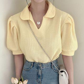 Short-sleeve Collared Textured Top