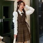 Shirred Blouse / Plaid Jumper Dress / Neck Tie / Set