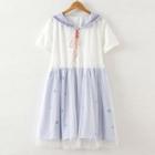Sailor-collar Short-sleeve Striped Dress Light Blue - One Size