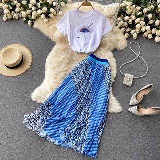 Set: Short-sleeve Print T-shirt + Pattern Midi Skirt