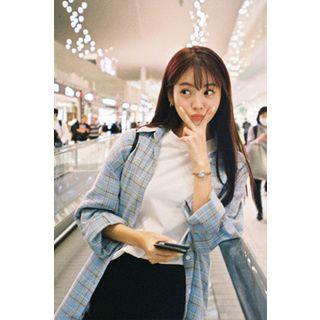 Plaid Boxy Cotton Shirt Sky Blue - One Size