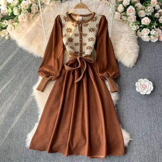 Puff Sleeve Knit Panel Maxi Dress