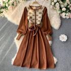 Puff Sleeve Knit Panel Maxi Dress
