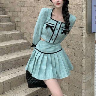 Square-neck Bow-accent Corduroy Contrast Trim Tweed Crop Top / High Waist Mini Pleated Skirt