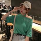 Elbow-sleeve Strappy Asymmetric Shoulder T-shirt