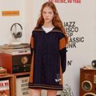 Sailor-collar Color-block Cable-knit Top Navy Blue - One Size
