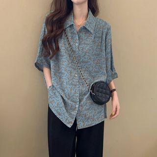 Short-sleeve Floral Shirt Light Blue - One Size