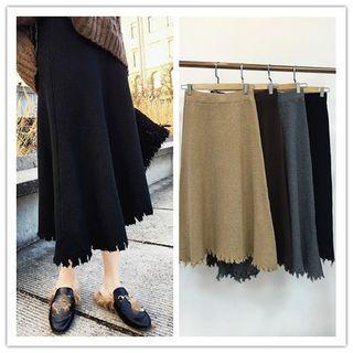 Frayed Hem Pleated Midi Skirt