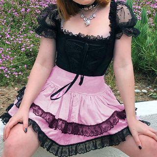 Lace Panel Tie-detail Puffled Mini Skirt