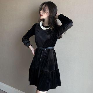 Long-sleeve Velvet Mini A-line Dress Black - One Size