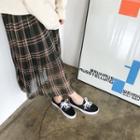 Accordion-pleat Plaid Maxi Skirt Khaki - One Size